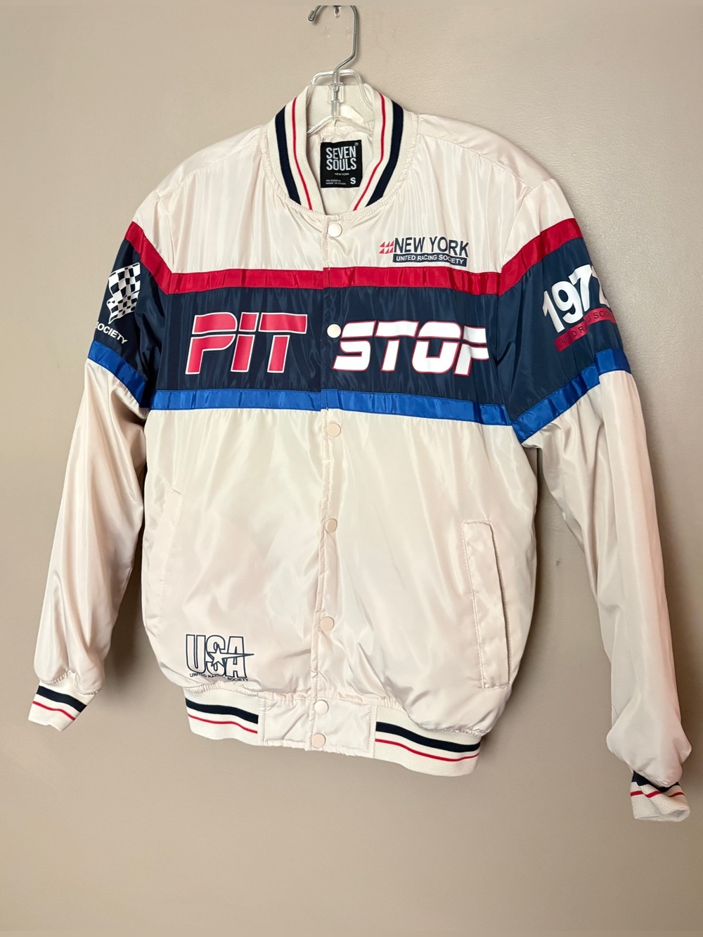 Seven Souls NY Pit Stop Racing Bomber Jacket 1972 White Navy Red S